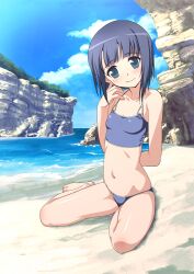  arm_behind_back barefoot beach belly bikini blue_eyes blue_hair blush cloud commentary_request day female flat_chest head_tilt highres looking_at_viewer mole mole_under_eye moric navel ocean outdoors photoshop_(medium) rock sachi_(sao) short_hair sitting sky smile swimsuit sword_art_online tankini water yokozuwari 