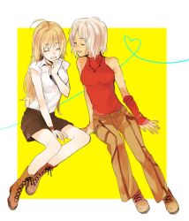  2girls 428:_fuusa_sareta_shibuya_de ahoge blonde_hair boots canaan_(character) canaan_(series) closed_eyes commentary cross-laced_footwear heart heart_of_string laughing long_hair multiple_girls oosawa_maria shirt short_hair shorts sitting sleeveless sleeveless_shirt smile sugimoto_(niboshiumai) white_hair white_shirt yuri 