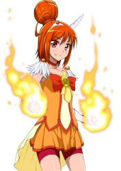  bike_shorts choker commentary_request cure_sunny female fire flaming_hand flat_chest highres hino_akane_(smile_precure!) iyakun looking_at_viewer magical_girl orange_choker orange_skirt orange_theme precure red_shorts shorts skirt smile smile_precure solo 