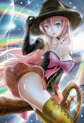  bare_shoulders blue_eyes boots breasts commentary_request elbow_gloves female gloves hat headset highres hoshikuzu_utopia_(vocaloid) jewelry large_breasts lens_flare long_hair megurine_luka mura_chidori pendant photoshop_(medium) pink_hair project_diva_(series) project_diva_2nd rainbow solo thigh_boots thighhighs vocaloid witch_girl_style_(module) witch_hat yellow_thighhighs 