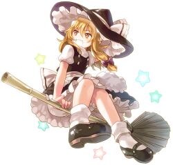  apron blonde_hair bloomers bow broom broom_riding chaba_(hortensia) commentary_request female full_body grin hairbow hat hat_bow kirisame_marisa long_hair mary_janes photoshop_(medium) puffy_sleeves shoes short_sleeves sidesaddle simple_background smile solo star_(symbol) touhou underwear white_background witch_hat 