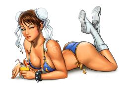  adapted_costume artist_name bikini blue_bikini boots breasts brown_eyes brown_hair bun_cover chun-li cleavage cocktail commentary deviantart_username double_bun earrings emilia_paw english_commentary female full_body hair_bun heart heart_tattoo jewelry large_breasts looking_at_viewer lying on_stomach one_eye_closed photoshop_(medium) side-tie_bikini_bottom simple_background solo street_fighter sun_tattoo swept_bangs swimsuit tan tattoo the_pose watermark white_footwear 