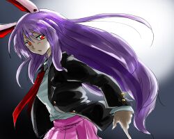  animal_ears blazer commentary_request dress_shirt female finger_gun jacket light_purple_hair long_hair necktie rabbit_ears red_eyes red_necktie reisen_udongein_inaba shirt skirt solo touhou unya 