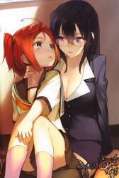  2girls absurdres age_difference ahoge assertive_female black_hair blush breasts cleavage couple dolce_(yuri_anthology) eye_contact garter_straps glasses green_eyes hair_between_eyes hand_on_another&#039;s_neck highres large_breasts long_hair looking_at_another multiple_girls non-web_source orange_hair original pencil_skirt photoshop_(medium) purple_eyes red_hair scan school_uniform serafuku shirabi short_hair sitting sitting_on_lap sitting_on_person skirt teacher teacher_and_student thighhighs twintails wall yuri 