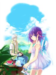  1boy aged_down alternate_costume blue_eyes camera casual commentary_request dress eyepatch fate/zero fate_(series) female hand_fan hat hood hoodie lolicon matou_kariya matou_sakura paper_fan purple_eyes purple_hair scr.e short_hair sundress uchiwa uncle_and_niece white_hair 