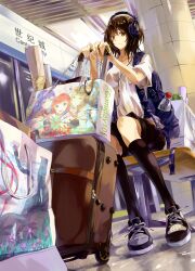  absurdres bag bottle brown_hair commentary_request female headphones highres holding lock neko_(yanshoujie) original padlock photoshop_(medium) shirt short_hair sitting solo suitcase ultrasone white_shirt yellow_eyes 