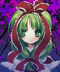  bad_id bad_pixiv_id bow female frills front_ponytail green_eyes green_hair hair_ornament hair_ribbon hairbow hanepochi kagiyama_hina leaf long_hair looking_at_viewer open_mouth ribbon solo touhou 