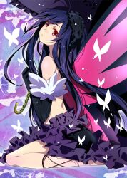  accel_world akishima_kei bad_id bad_pixiv_id black_hair bug butterfly butterfly_wings detached_sleeves elbow_gloves female gloves insect_wings kneeling kuroyukihime long_hair red_eyes solo umbrella very_long_hair wings 