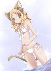  animal_ears bad_id bad_pixiv_id bikini blonde_hair cat_ears cat_tail female green_eyes groin looking_at_viewer original photoshop_(medium) side-tie_bikini_bottom solo string_bikini swimsuit tail wading water wet white_bikini yumesato_makura 