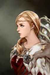  blonde_hair blue_eyes circlet commentary_request corset dragon&#039;s_dogma dragon&#039;s_dogma_(series) eriya-j female hair_over_shoulder long_hair pawn_(dragon&#039;s_dogma) pelt photoshop_(medium) portrait solo 