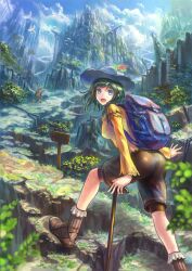  :d \(^o^)/ arms_up backpack bag bike_shorts bird blue_eyes boots bridge cane commentary_request day denki female green_hair hat hiking looking_back mountain open_mouth original outdoors path road scenery shorts sign sky smile 