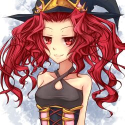  breasts commentary_request duel_monster emilia_(yu-gi-oh!) female gishki_emilia hat long_hair looking_at_viewer medium_breasts red_eyes red_hair shintani_tsushiya smile solo yu-gi-oh! 