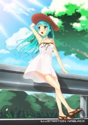  :d aqua_eyes aqua_hair armpits bare_arms bare_legs cloud commentary_request day dress female guard_rail hand_on_headwear hat hatsune_miku kuro-kun_(nablack) leaf light_rays long_hair mountain open_mouth outdoors photoshop_(medium) sandals sky sleeveless sleeveless_dress smile solo sun_hat sunbeam sundress sunlight vocaloid 