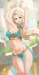  1girls alternate_costume armpits arms_above_head arms_up bangle bangles bangs bare_arms bare_legs bare_midriff bare_shoulders bare_thighs belly belly_dancer belly_dancer_outfit big_breasts bikini blonde_hair blue_bikini blue_bow blue_eyes blue_panties blush blushing bow bracelet breasts child_bearing_hips cleavage collarbone curvaceous curvy curvy_female curvy_figure dance dancer dancer_outfit dancing earrings female female_focus female_only fire_emblem fire_emblem:_three_houses fire_emblem_heroes gold_trim hair_over_shoulder harem_girl harem_outfit highres hips human human_focus human_only jewelry large_breasts light-skinned_female light_skin long_hair mature mature_female mature_woman mercedes_von_martritz midriff navel nintendo open_mouth open_smile panties parted_bangs pelvic_curtain performance performing ponytail sendrawz showing showing_off side_ponytail smile smiling solo solo_female solo_focus stomach swimsuit tall_female thick_hips thick_thighs thighs thin_arms wide_hips 