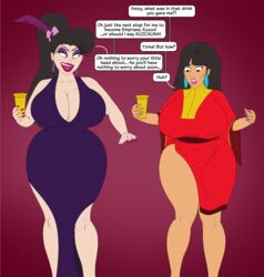  2girls bimbo bimbofication black_hair breasts busty chalice cleavage clothing cup_in_hand disney disney_villains dress evil_grin eyelashes eyeshadow gender_transformation genderswap genderswap_(mtf) huge_breasts kuzco latina lipstick makeup peruvian_female rule_63 saturnxart shocked_expression simple_background the_emperor&#039;s_new_groove villain voluptuous yzma 