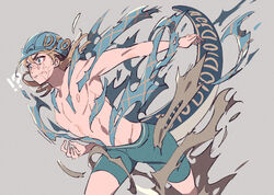  1boy blonde_hair boxer_briefs boxers bursting_clothes diego_brando dinosaur exploding_clothes helmet hybrid jojo&#039;s_bizarre_adventure lizard_tail long_hair male_only partially_clothed scary_monsters solo_male steel_ball_run surprised toned toned_male 