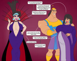  1boy 2girls age_regression aged_down bimbo bimbofication clothing dialogue disney disney_villains dress empress evil_grin eyeshadow gender_transformation genderswap genderswap_(mtf) huge_breasts kronk kuzco latina latino lipstick makeup married_couple peruvian_female peruvian_male pregnant rule_63 saturnxart simple_background the_emperor&#039;s_new_groove yzma 