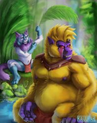  ape baby_vegeta bodypaint bottomwear clothing domestic_cat dragon_ball dragon_ball_gt duo face_paint felid feline felis female forest fur gorilla great_ape_baby haplorhine hi_res jewelry jungle kaijurah loincloth male male/female mammal monkey necklace nipples oozaru oozaru_baby plant primate river tree water yellow_body yellow_fur 