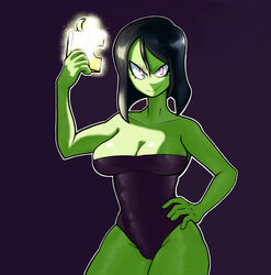  1girls bangs banjo-kazooie black_hair bodysuit breasts cleavage collarbone corset cowboy_shot curvy eyelashes female female_only front_view game_over_gruntilda glowing green_skin gruntilda hair_between_eyes hand_on_hip highres holding_object jiggy large_breasts looking_at_viewer outline purple_background shiny_hair shiny_skin simple_background skindentation smile smirk smug solo tecfuzz thick_thighs white_outline 