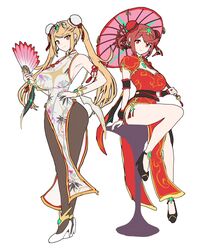  2d 2d_(artwork) 2girls black_heels black_shoes blonde_hair child_bearing_hips chinese_clothes chinese_dress cute gonzarez gonzarez1938 hand_on_waist high_heels highres large_breasts looking_at_viewer mythra nintendo oil-paper_umbrella pantyhose paper_fan parasol ponytails pyra red_dress red_eyes red_hair sideboob sitting smiling standing tagme thick_thighs thin_waist tights twintails umbrella white_dress white_heels white_shoes xenoblade_(series) xenoblade_chronicles_2 yellow_eyes 