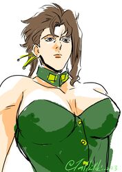  big_breasts brown_eyes brown_hair bunnysuit collar earrings green_clothing jojo&#039;s_bizarre_adventure lipstick looking_down_at_viewer masculine_female nipple_bulge noriaki_kakyoin rule_63 stardust_crusaders stardust_crusaders_(ova) white_background 