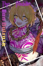  1girls blonde_hair chains cleavage don_quixote_(limbus_company) limbus_company looking_at_viewer open_clothes project_moon short_hair smile tattoo tattoos yellow_eyes 