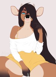  2020 5_fingers anthro bedroom_eyes black_hair black_nose blue_eyes buckteeth clothed clothing deer digital_media_(artwork) eyebrows eyelashes female fingers hair hair_over_eyes hi_res jesse_hartstone looking_at_viewer mammal missy_(artist) narrowed_eyes off-shoulder_top off_shoulder seductive simple_background smile solo teeth watermark white_background 