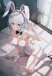  animal_ears black_bow black_bowtie blue_ribbon blush bow bowtie breasts cleavage commentary_request commission curtains female hair_ribbon high_heels indoors kneeling kurono_mitsuki large_breasts leotard long_hair looking_at_viewer original playboy_bunny purple_eyes purple_footwear rabbit_ears rabbit_tail ribbon skeb_commission smile solo tail thighhighs white_hair white_leotard white_thighhighs window wrist_cuffs 