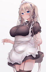  absurdres apron blonde_hair blue_eyes blush breasts dress female frills garter_straps highres large_breasts long_hair maid maid_apron maid_headdress original skirt solo sweatdrop thighhighs twintails yuuki_shuri zettai_ryouiki 