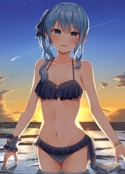  absurdres bare_arms bare_shoulders bikini blue_bikini blue_eyes blue_hair blue_ribbon blush bracelet breasts cloud comet cowboy_shot female hair_ribbon highres hololive hoshimachi_suisei jewelry long_hair looking_at_viewer navel outdoors parted_lips pepushi_drow ribbon side_ponytail sky small_breasts smile solo standing star_(sky) star_(symbol) stomach sunset swimsuit teeth upper_teeth_only virtual_youtuber water wet wrist_cuffs 