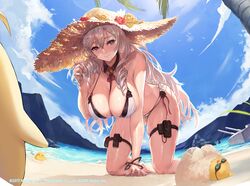  algerie_(azur_lane) anthro azur_lane barefoot beach bikini clouds gray_hair hat long_hair manjuu_(azur_lane) purple_eyes sky swimsuit tree water wet yoshiku_(oden-usagi) 