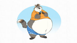  16:9 anthro belly belly_overhang canid canine clothing electronics eligecos fox fur grey_body grey_fur hang holding_object male mammal morbidly_obese navel obese orange_clothing orange_shirt orange_topwear overweight overweight_male phone shirt smile solo texting topwear widescreen 