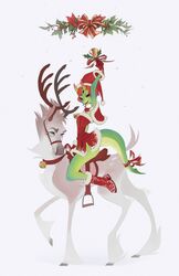  2019 accessory anthro antlers bell bell_collar big_tail biped blue_eyes boots bow_(feature) bow_accessory bow_ribbon bridle brown_eyes christmas christmas_clothing christmas_decorations christmas_headwear christmas_topwear clothed clothed_anthro clothed_female clothing collar costume countershade_tail countershading deer di digital_media_(artwork) digital_painting_(artwork) dipstick_horn duo feet female feral footwear forked_tongue furgonomics gloves green_body hair handwear harness headgear headwear hi_res holidays hooves horn mammal multicolored_horn new_world_deer orange_hair quadruped reindeer reptile ribbons riding riding_on_back ringing_bell saddle santa_costume scalie shermugi simple_background snake sneiky_(shermugi) snow tail tail_accessory tail_bow tail_ribbon tongue topwear two_tone_horn white_background 