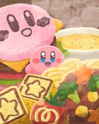  :d blue_eyes blush_stickers broccoli burger commentary_request food highres kirby kirby_(series) kirby_burger kirby_cafe looking_at_viewer maxim_tomato miclot no_humans open_mouth pasta smile soup spaghetti star_block steam 