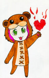  absurd_res annie_(disambiguation) clothing costume female full-length_portrait green_eyes hair heart_symbol hi_res human humor league_of_legends mammal open_mouth pink_hair portrait riot_games simple_background tencent tibbers traditional_media_(artwork) 