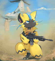  2019 aircraft anthro black_body black_fur black_nose blue_eyes boeing claws cloud combat_gear dust fur generation_7_pokemon gun hi_res hk416 holding_object holding_weapon kemono kneeling legendary_pokemon military nintendo outside pokemon pokemon_(species) ranged_weapon rifle scope serious sky solo united_states_marine_corps v-22 vehicle weapon yellow_body yellow_fur yupa zeraora 