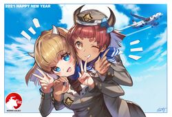  2021 absurdres airbus_a320 aircraft airplane blue_eyes blush breasts brown_eyes brown_hair chinese_zodiac commentary_request cow_girl cow_horns double_v earrings flight_attendant grin hat highres horns jewelry large_breasts looking_at_viewer medium_hair multiple_girls nakayama_yuuji one_eye_closed open_mouth original scarf skirt smile thick_eyebrows travel_attendant uniform v year_of_the_ox yellow_eyes 