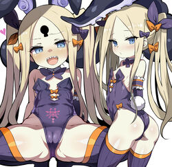  abigail_williams_(fate) absurdres ass black_bow blonde_hair blue_eyes blush bow breasts cameltoe fate/grand_order fate_(series) female forehead hairbow highres long_hair looking_at_viewer multiple_views open_mouth orange_bow parted_bangs shimejinameko sidelocks small_breasts smile twintails 