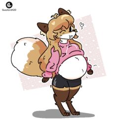  anthro averi_(fiddleafox) brown_body brown_fur canid canine clothing dipstick_tail female female_anthro fox fur gloves_(marking) guzzlord420 hair leg_markings looking_at_viewer mammal markings pink_clothing pregnant red_fox simple_background socks_(marking) solo standing sweater tail tail_markings topwear true_fox white_body white_fur 