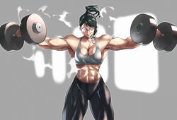  702_96 abs absurdres alternate_muscle_size bad_id bad_pixiv_id biceps black_hair black_leggings breasts cleavage commentary commission cowboy_shot dumbbell exercising female glasses grey_shirt grin highres jujutsu_kaisen korean_commentary large_breasts leggings legs_apart looking_at_viewer midriff muscular muscular_female navel outstretched_arms pixiv_commission shirt short_ponytail simple_background smile solo standing straight-on swept_bangs tank_top teeth thick_thighs thighs tsurime v-shaped_eyebrows veins weightlifting yellow_eyes zen&#039;in_maki 