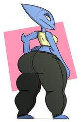  2018 alien anthro ass big_butt black_clothing blue_body boryana bottomwear breasts claws clothing curvy_figure dogfluid female hi_res looking_back solo thick_thighs topwear wide_hips yellow_clothing yellow_eyes 