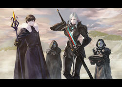  4boys abandoned_star_hyndra absurdres armor black_cape black_hair black_robe breasts cape day female fur_trim highres holding holding_staff holding_sword holding_weapon large_breasts letterboxed mask moyatarou multiple_boys outdoors pixiv_fantasia pixiv_fantasia_age_of_starlight robe sheath staff standing sun_wizard_solar sword unsheathing volvas weapon white_hair 