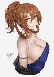  armlet bare_shoulders blue_dress blush braid breasts brown_hair cleavage closed_mouth commentary_request dress evening_gown female girls&#039;_frontline green_eyes hair_between_eyes high_ponytail highres jewelry looking_to_the_side necklace selcky signature simple_background smile solo springfield_(girls&#039;_frontline) strapless strapless_dress updo white_background 