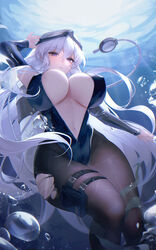  absurdres air_bubble azur_lane black_leotard black_pantyhose breasts bubble cleavage commentary_request covered_nipples enterprise_(azur_lane) enterprise_(diving_under_blue_skies)_(azur_lane) female goggles goggles_on_head highres large_breasts leotard long_hair long_sleeves looking_at_viewer official_alternate_costume pantyhose parted_lips pouch pupuki purple_eyes scuba_gear solo submerged swim_goggles thigh_pouch thighs torn_clothes torn_pantyhose underwater 