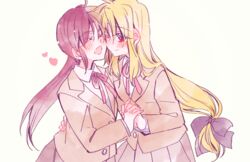  2girls blonde_hair commentary_request couple fate_testarossa happy highres holding_hands interlocked_fingers long_hair lyrical_nanoha mahou_shoujo_lyrical_nanoha mahou_shoujo_lyrical_nanoha_a&#039;s multiple_girls neck_ribbon orange_hair ribbon school_uniform side_ponytail simple_background smile sorato_(astllatte) takamachi_nanoha uniform very_long_hair white_background yuri 