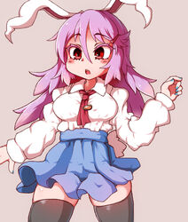  animal_ears black_thighhighs blue_skirt breasts brown_background carrot_pin collared_shirt commentary cowboy_shot female hair_between_eyes haruirokomici large_breasts long_hair long_sleeves looking_at_viewer necktie open_mouth pleated_skirt purple_hair rabbit_ears rabbit_girl red_eyes red_necktie reisen_udongein_inaba shirt simple_background skirt solo thighhighs touhou white_shirt 