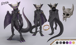  absurd_res anthro bat black_body black_fur black_hair bone color_swatch ear_piercing ear_ring english_text fur hair hi_res looking_at_viewer male mammal membrane_(anatomy) membranous_wings model_sheet piercing purple_eyes purple_wings ring_piercing signature skull solo sparkittyart standing text winged_arms wings 