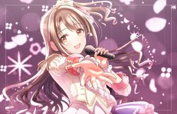  :d brown_hair citrusmikan display_board female foreshortening highres holding holding_microphone idol idolmaster idolmaster_cinderella_girls long_hair looking_at_viewer microphone music one_side_up outstretched_arm reaching reaching_towards_viewer shimamura_uzuki singing smile solo stage wavy_hair 