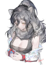  absurdres animal_ears arknights bare_shoulders black_scarf box breasts brown_eyes cat_ears cleavage commentary cropped_torso female gift gift_box grey_hair hair_between_eyes highres holding holding_box jacket large_breasts long_hair long_sleeves off_shoulder open_clothes open_jacket photoshop_(medium) scarf schwarz_(arknights) signature simple_background solo spade-m upper_body white_background white_jacket 