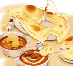  bear bird chai_(drawingchisanne) commentary cup curry eating food food_focus highres knife knit_hat meat naan_bread no_humans original penguin plate polar_bear scarf sitting sweets_bird undersized_animal white_headwear 